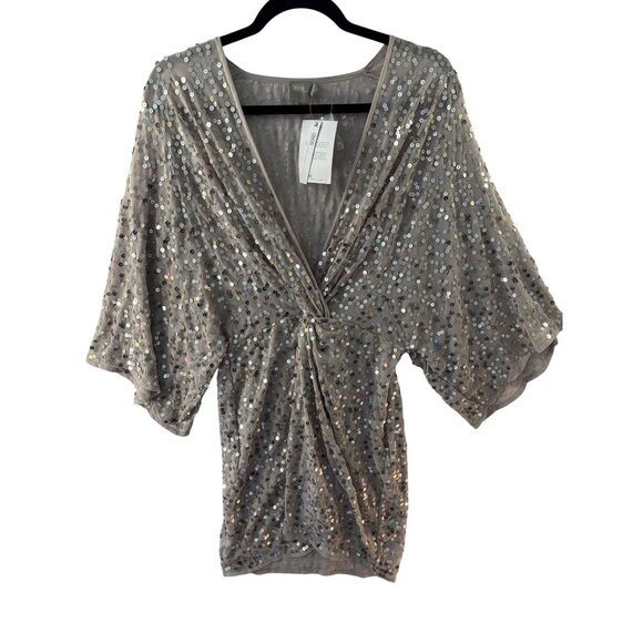 ASOS Beige Sequin Wrap Mini Dress With Flared Sleeves V-Neck Size 6 Polyester Bl - Picture 1 of 8